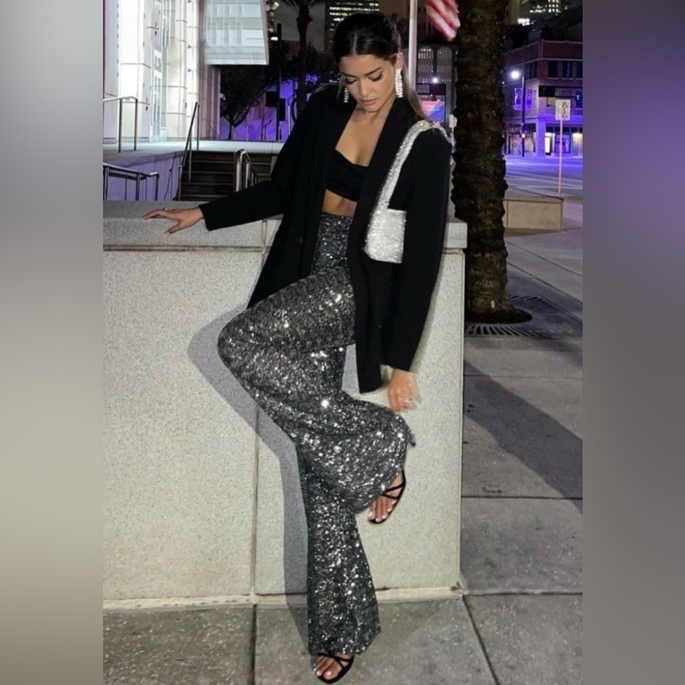 Cable & Gauge Silver Sequin Wide Leg Pants